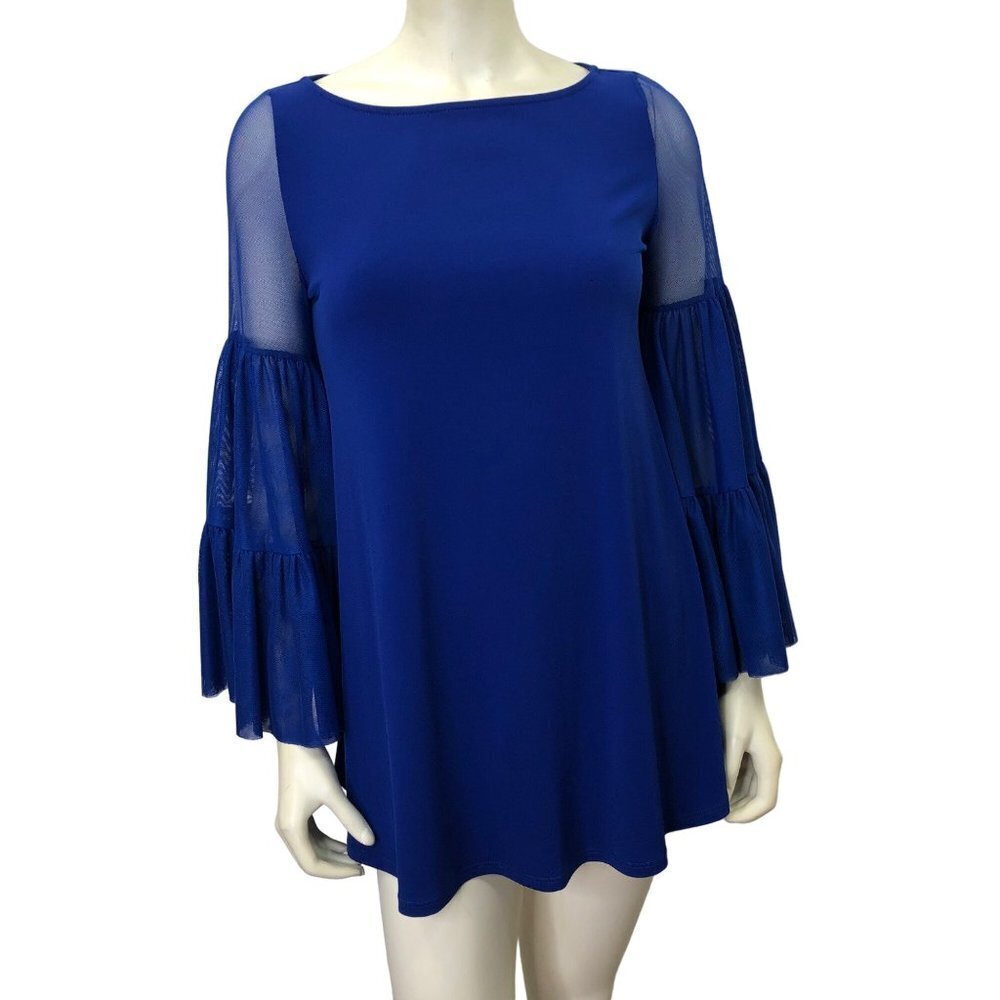 $168 IC BY CONNIE K Royal Blue 3-Layered Shirring‎ Mesh Sleeve Top XS NWT